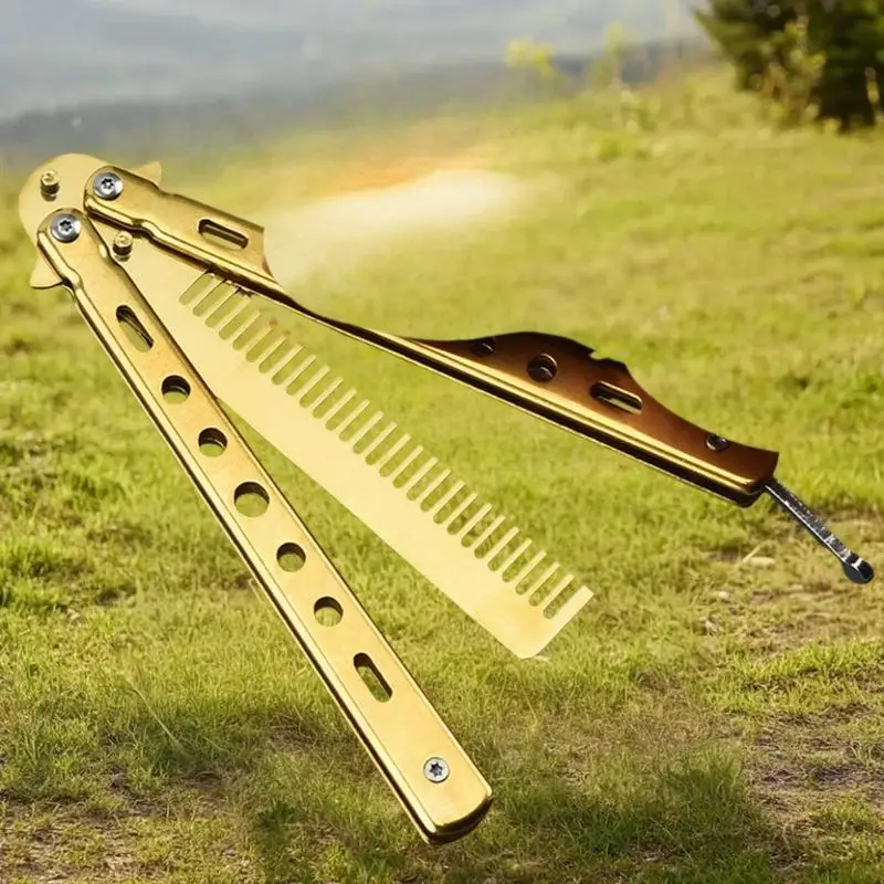 1Pcs Stainless Steel Practice Training Butterfly Knife Comb Beard Moustache Brush Salon Hairdressing Styling Tool Foldable Comb