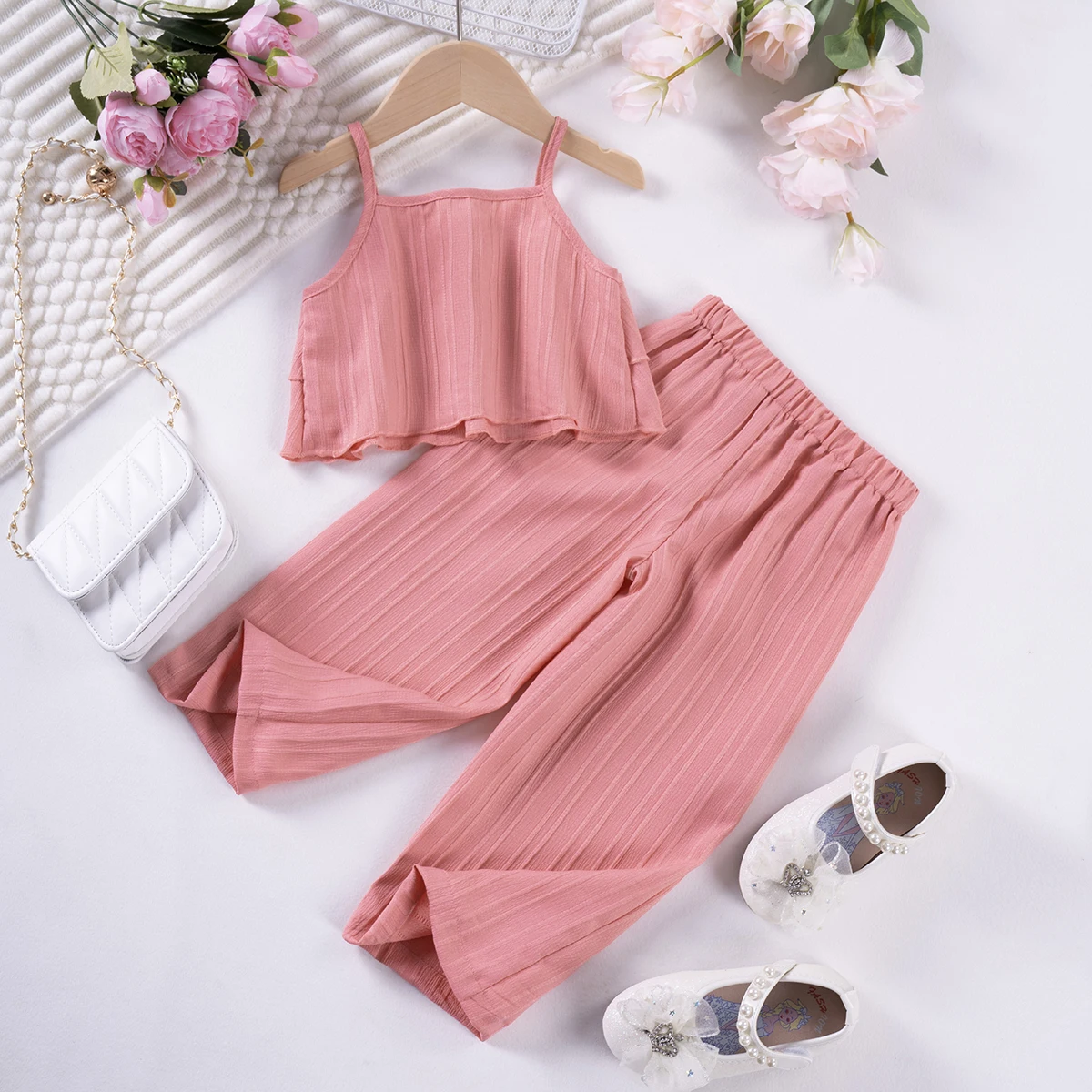 2024 Hot selling Cute Casual Fashion Set Solid Color Summer Baby Girl Sling Pants Wave Stripe Polyester Princess Style