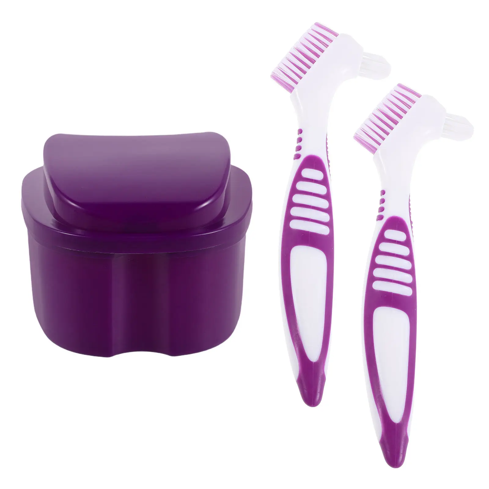

1Set Denture Cleaning Kit Purple Leakproof Denture Box Travel False Teeth Brush Double Sided Braces Organizer Retainer Soak
