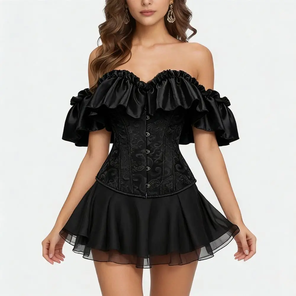 Button Down Back Corset Top Strapless Slim Fit Bustier Top Lace Trim Embroidered Ruffles Women Court Corset Stylish Look
