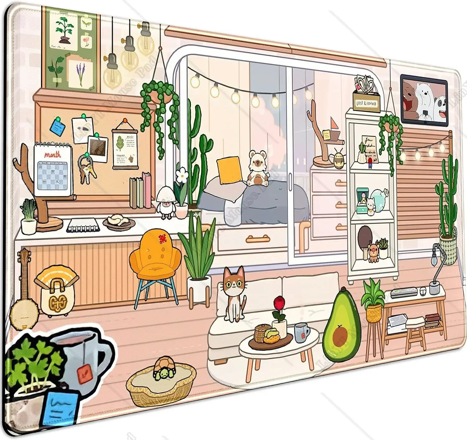 Cute Bakery Desk Mat Kawaii Mousepad Cute Japanese Anime Street Gaming Desk Pad XL Brown Green Plants Mouse Pad 31.5