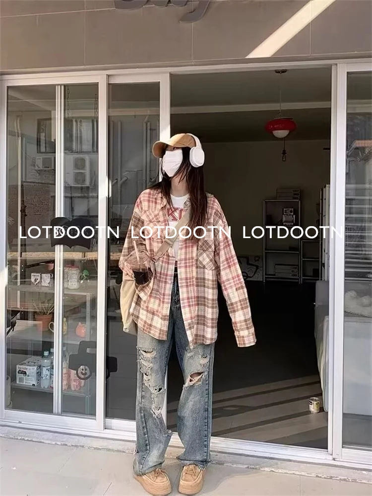 LOTDOOTN Spring New Pink Plaid Shirts Top Women Street Wear Gingham Casual Long Sleeve Top Single-Breasted Oversize Shirt Ladies