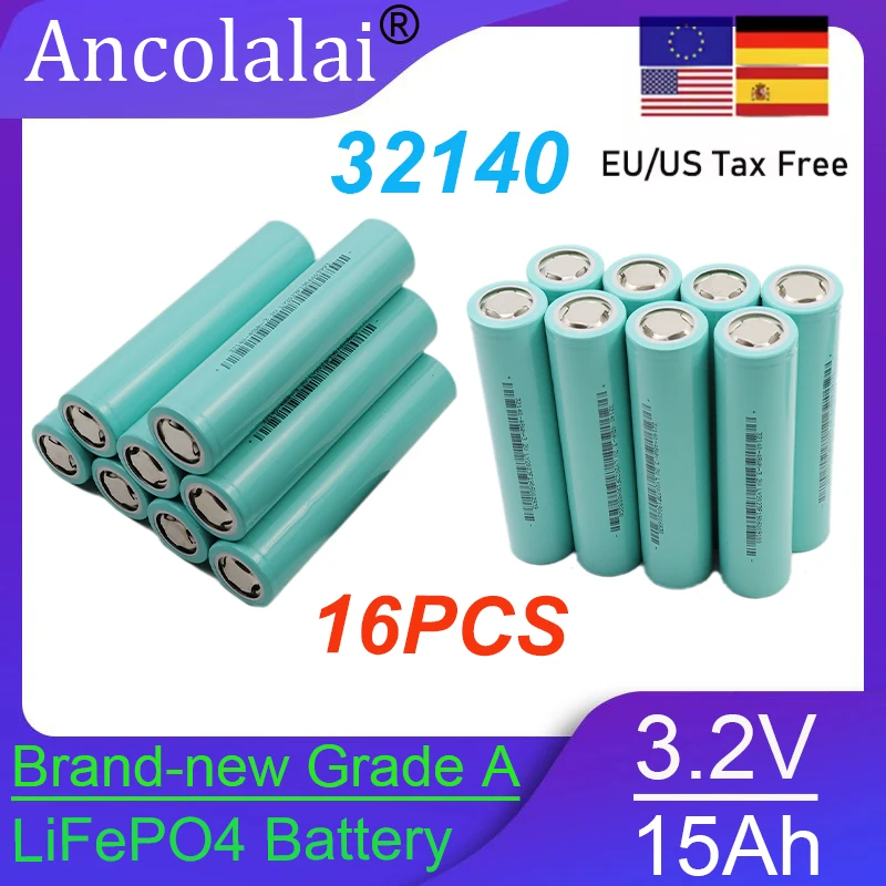 

16PCS 3.2V 15Ah 32140 Lifepo4 Battery High Power DIY 12V 24V 36V 48V Electric Bicycle Golf Cart Solar Energy Storage