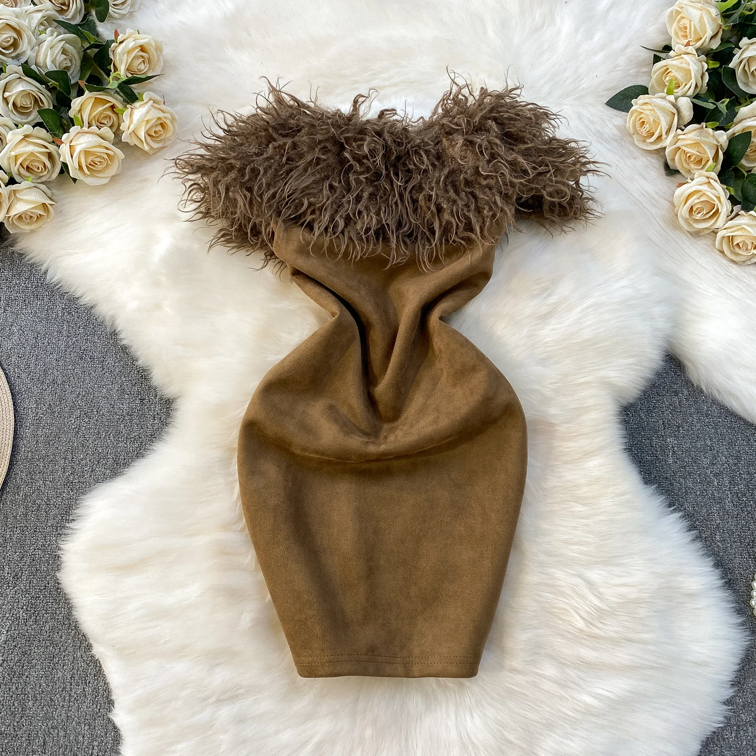 

Женское замшевое платье для пожилых людей, винтажное роскошное шикарное платье Ins, женское платье без бретелек с меховым декором, праздничное платье для ужина и банкета