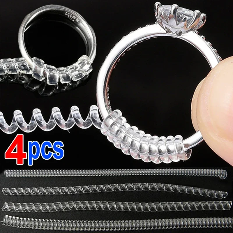 4pcs/Set Ring Size Reducer Tools Spiral Spring Based Rings Adjust Invisible Transparent Tightener Resizing Tool Jewelry Guard