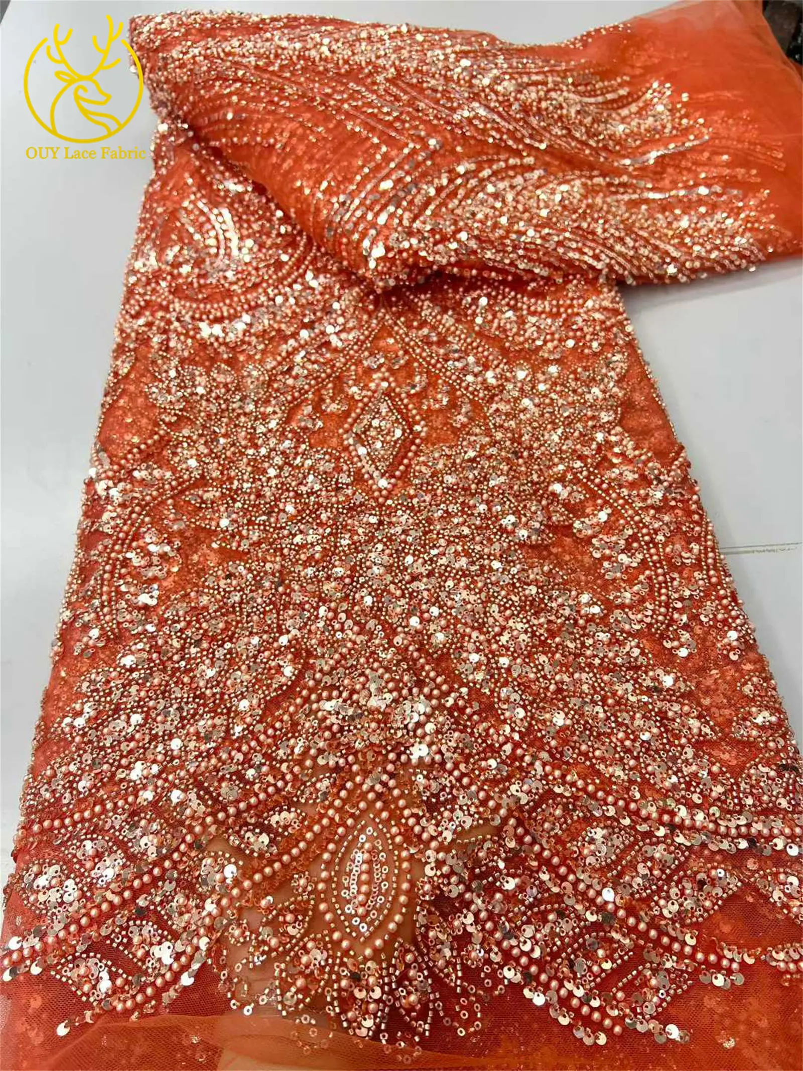 Tela de encaje africana de lujo dorada con cuentas hecha a mano 2026, tul de lentejuelas francesas de alta calidad para costura de vestidos de fiesta de boda