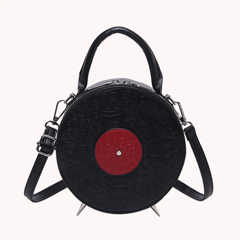 

Women PU Record Shape Trendy Carrying Bag Adjustable Strap Creative Round Handbag Novelty Satchel Purse Outdoor Travel Bag