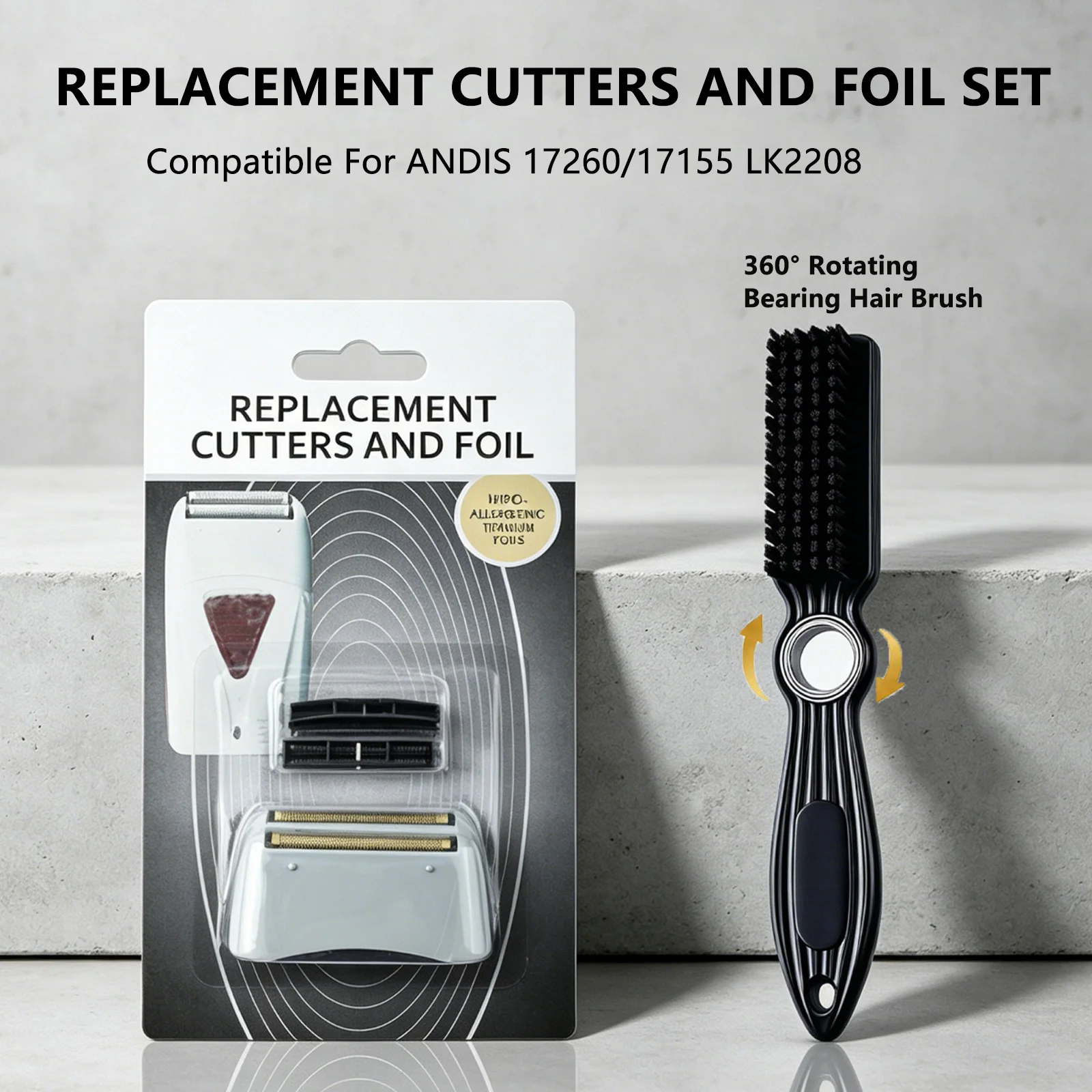 2Pcs Barber Tool Set Replacement Cutters And Foil For Andis 17260/17155 LK2208 Shavers With 360° Rotating Bearing Cleaning Brush