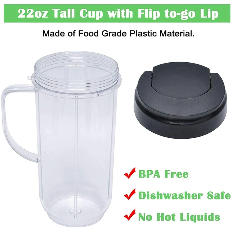 22Oz Blender Cups Replacement Compatible For Magicbullet 250W MB1001 Blender, Tall Cup W/Flip Top To-Go Lid