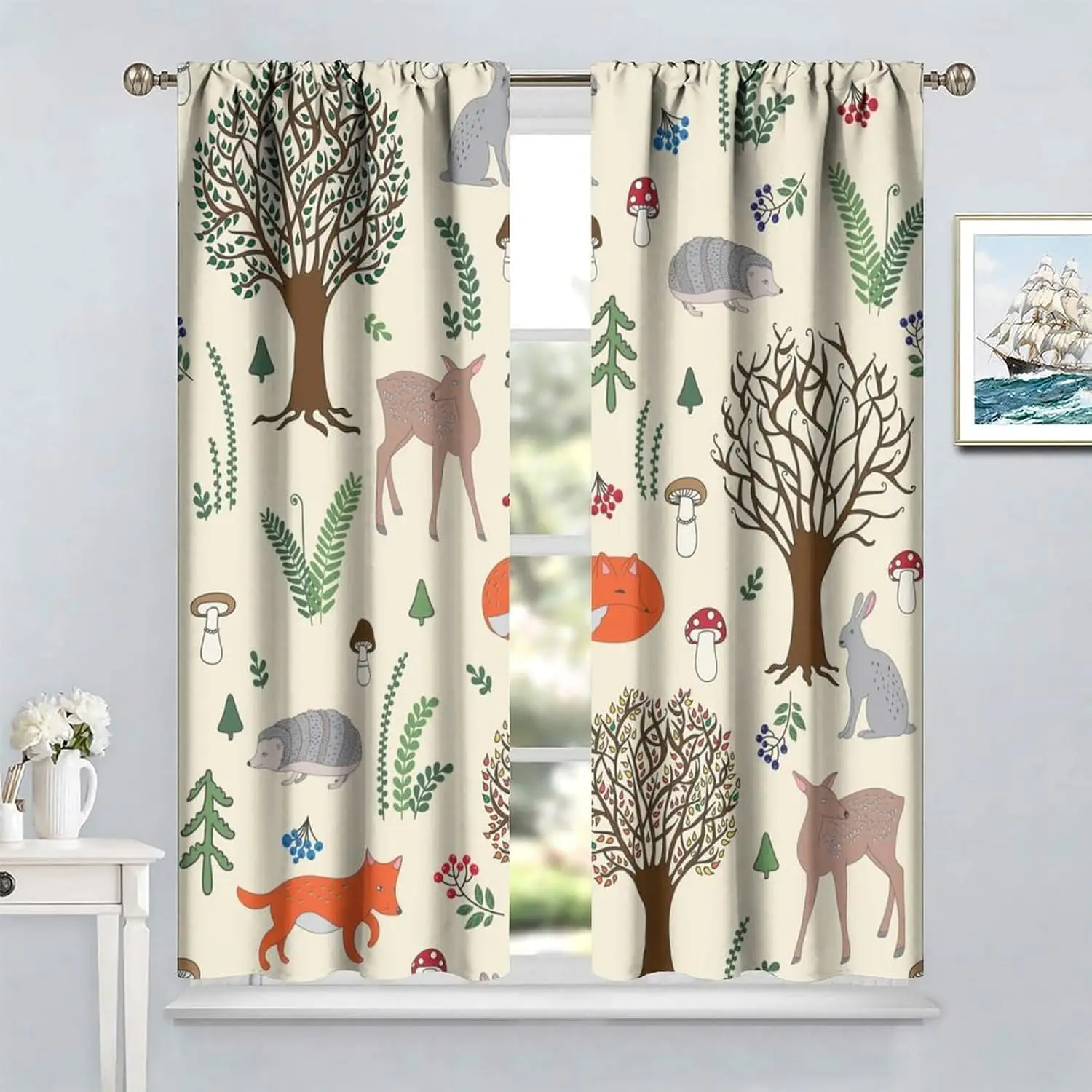 Kids Forest Animal Curtains, Rustic Cute Wild Animal Fox Deer Hedgehog Window Treatments Farmhouse Woodland Window Drapes for