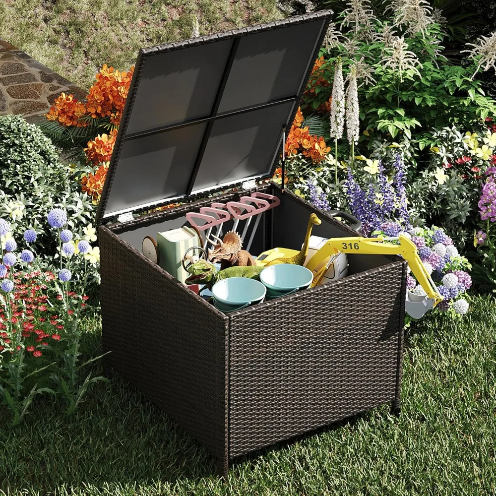 Outdoor Deck Box 80 Gallon Rattan Box Waterproof Storage Container With Handles, Soft Close Hinges and Universal Wheels