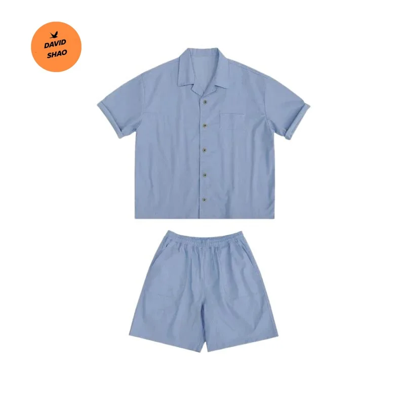 

DAVIDSHAO Top Quality Luxury Apparel EU US Size Summer New Cuban Collar Slim Denim Short Sleeve Shirt And Shorts Set