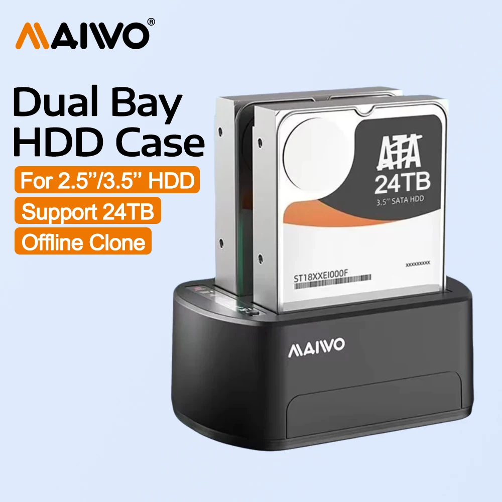 MAIWO 2 Bay External Hard Drive Enclosure for 2.5/3.5 inch SATA HDD/SSD with Offline Clone Support 48TB Capacity 5Gbps with UASP