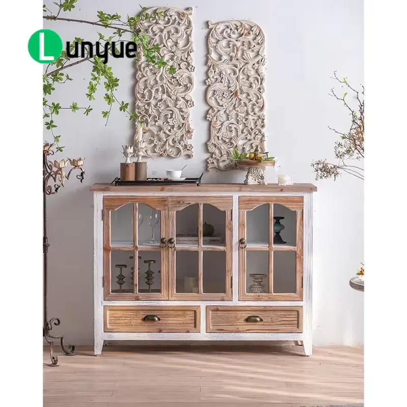 European Country Style Wooden Glass Antique Side Cabinet Large Capacity Storage Furniture for Living Room Kitchen Hotel Decor