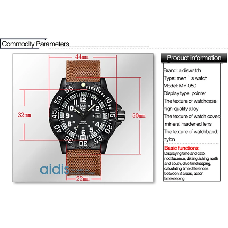 Addiesdive موضة الرياضة في الهواء الطلق ساعات تناظرية للرجال 50 متر مقاوم للماء مضيئة النايلون الرجال العسكرية ساعات المعصم ساعة كوارتز