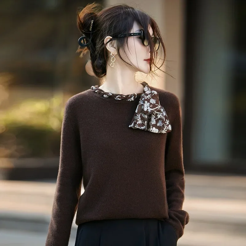 Otoño Invierno nueva llegada efecto adelgazante 100% prendas de punto de lana mujer ajuste suelto detalle de cinta moda versátil