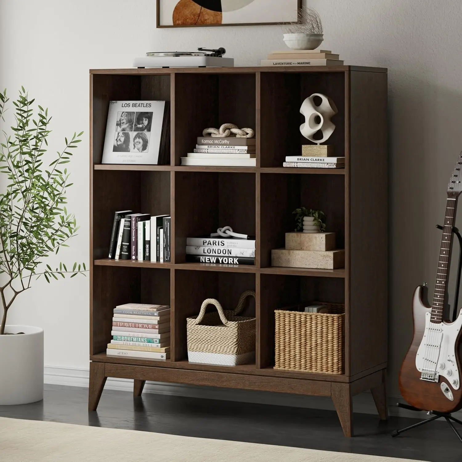 Harper Solid Hardwood Mid  Modern 9 Cube Storage For The Living, Study Room And Office, 42 Inch, Walnut Brown