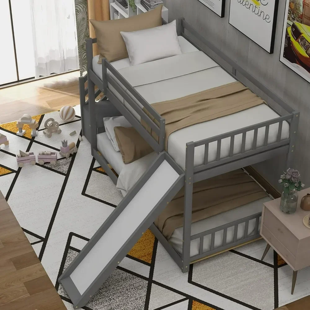 Low Bunk Bed with Convertible Slide Kids Wood Floor Bunk Bed with Stairs and Wood Slats, Twin Over Twin, Gray