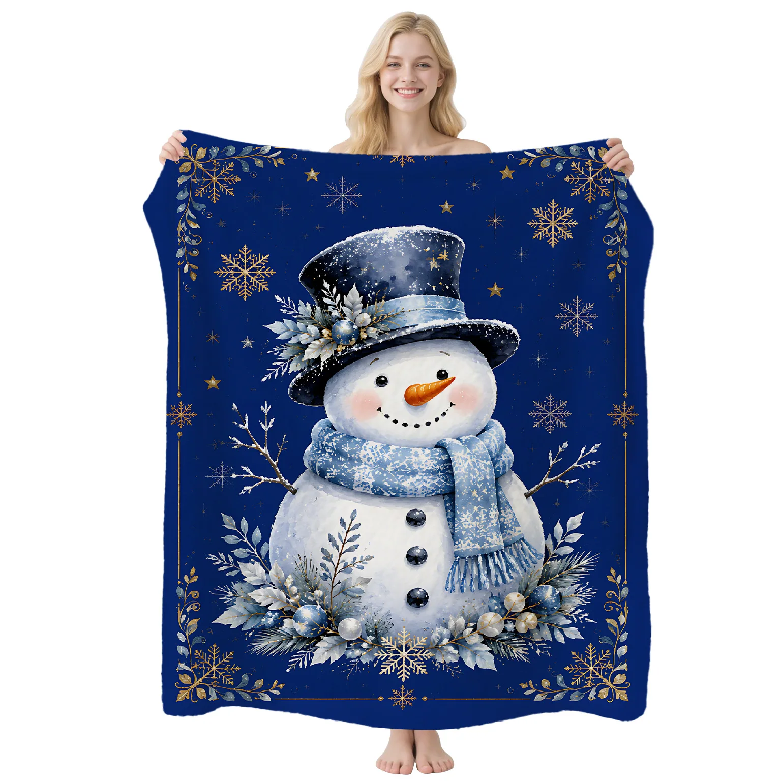 Navy Blue Throw Blanket with Gold Lace Trim Christmas Snowman Print Soft Flannel Nap Blanket for Office Sofa Bed