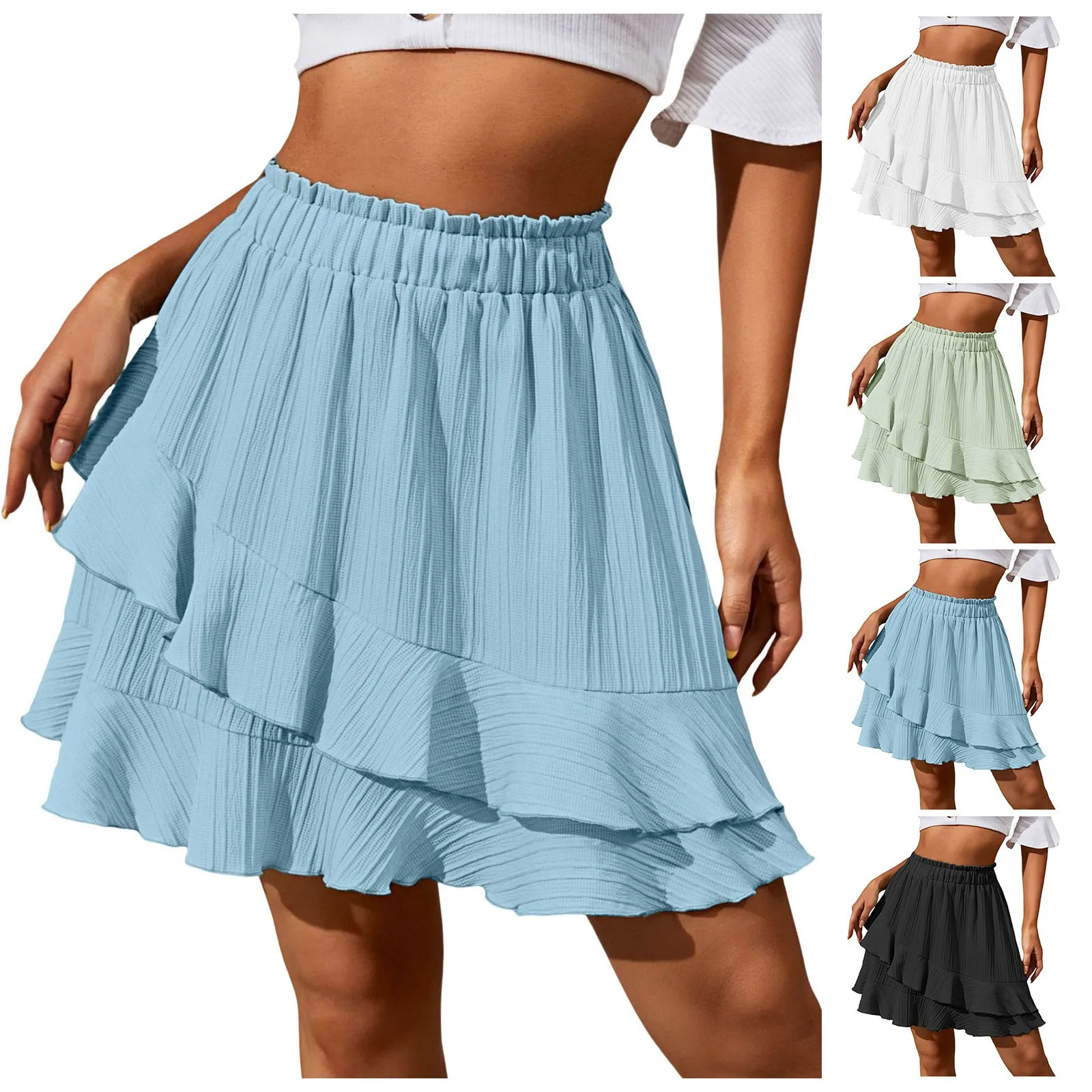 Womens Summer High Waist Ruffle Skirt Cute Flowy Skirt Casual Comfy Elastic Shorts Wrap Beach High Waisted Irregular Solid Skirt