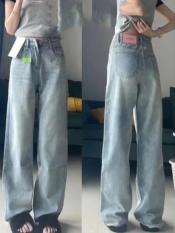 

Blue High Waist Straight Leg Jeans Women's plus Size Spring Autumn Loose Wide Leg Pants Casual Wear Denim Fabric All Seasons