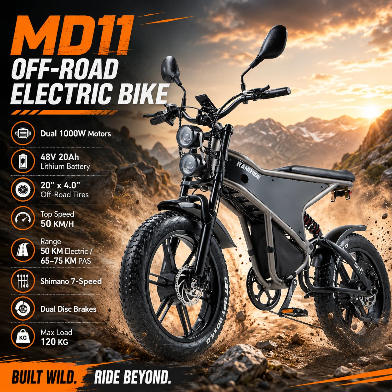 

MD11 Off Road E-Bike Dual 1000W High Speed Motors 48V 20Ah Battery 20 Inch Fat Tires Shimano 7 Speed Electric Bicycle