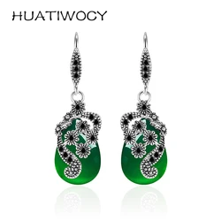Vintage Earrings Silver 925 Jewelry with Green Agate Gemstone Ethnic Style Drop Earrings for Women Wedding Party Gift Ornaments