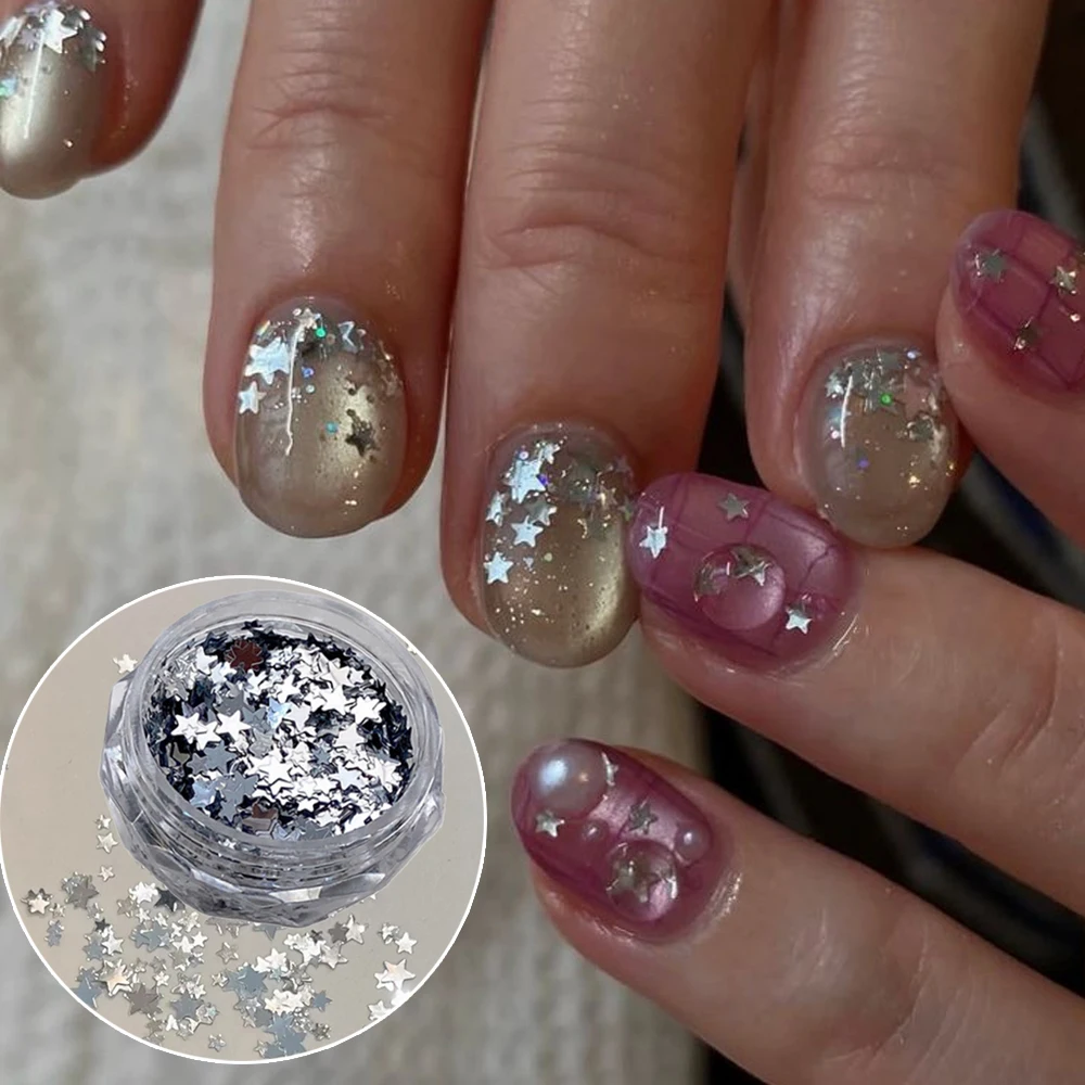 1 Box 3D Silver Star Nail Art Sequins Mixed Size Mini Holographic Star Nail Sequin Flakes Shiny Accessories For Manicure Decor