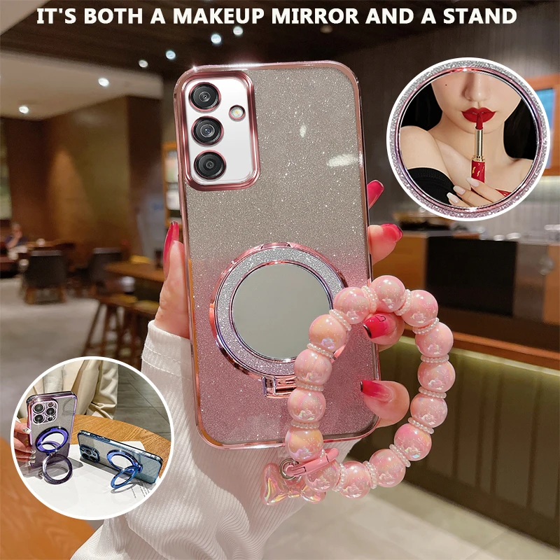 

Phone Case For M55 Glitter Silicone Makeup Mirror Holder & Bracelet Back Cover For Samsung Galaxy M55 C55 M54 M52 M51 M23 M34