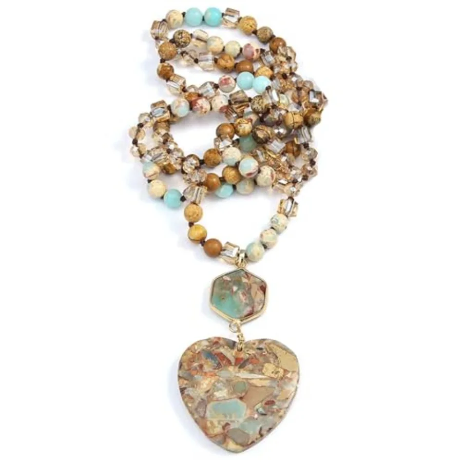 

Boho Necklaces for Women Men Long, 33/34/35 Inch Natural Turquoise Tiger Eye Beaded Stone Pendant Necklaces for Women Trendy, H