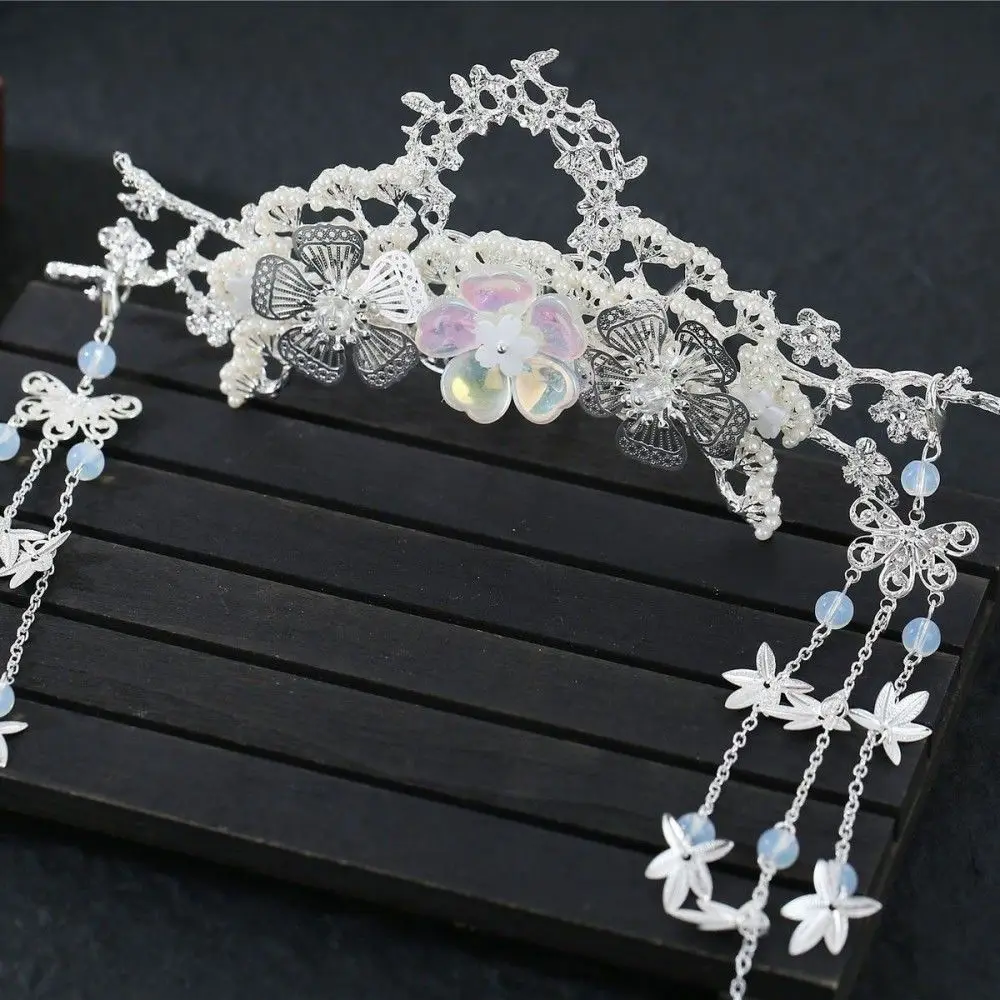 Vintage Chinese Hanfu Tassel Hair Accessories Set Silver Hair Crown Pair Of Hair Clips For Women Cosplay Wedding Party Wear