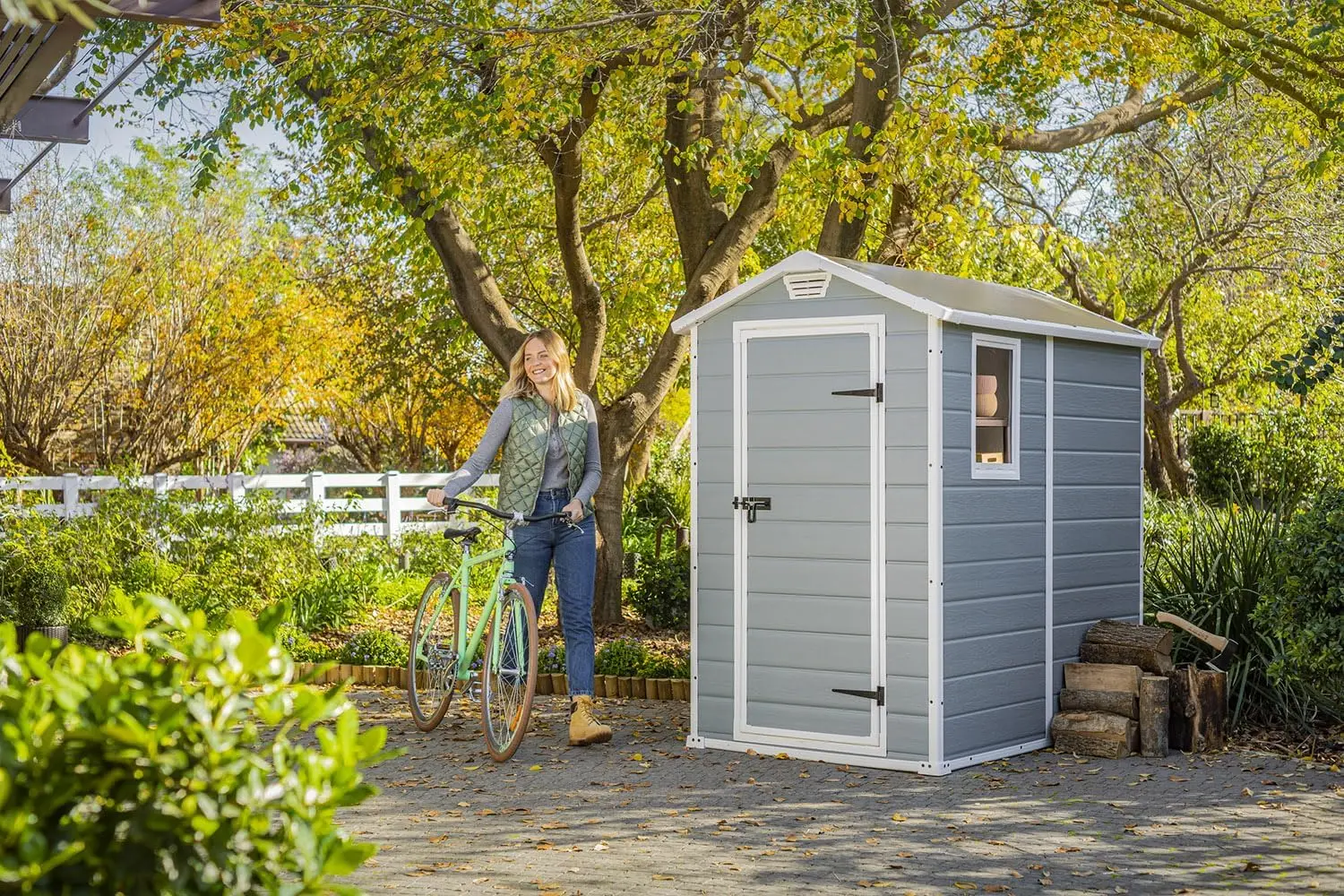 

Manor 4x6 Resin Outdoor Storage Shed Kit-Perfect to Store Patio Furniture,Garden Tools Bike Accessories,Beach Chairs,Lawn Mower