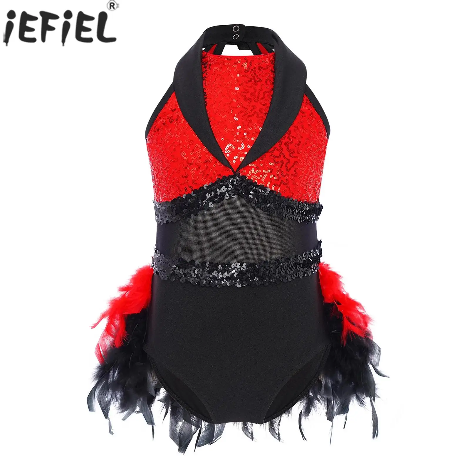 Kids Girls Latin Jazz Dance Cha-cha Samba Rumba Tango Leotard Dress Sleeveless Sequin Sheer Mesh Feather Ballet Tutu Dancewear