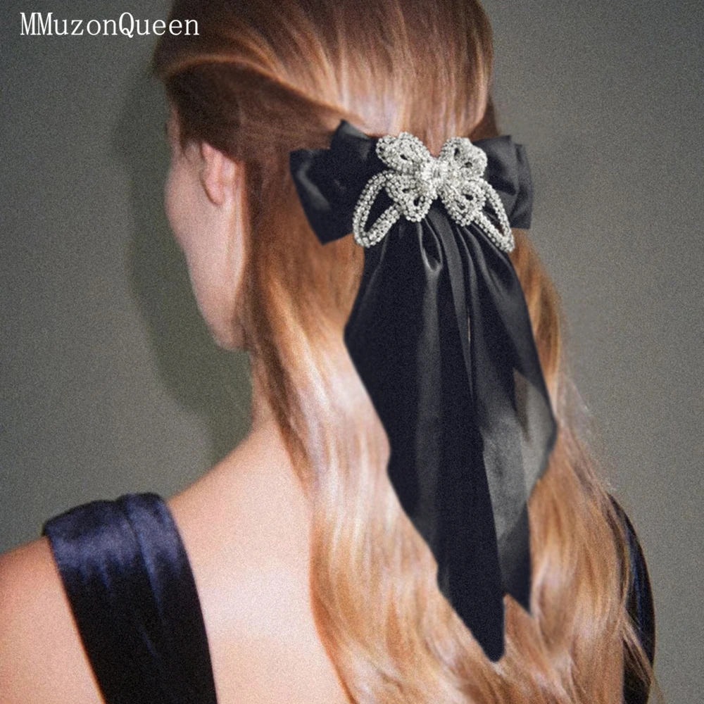 

MMQ Black Satin Sparkly Diamond Bow Women's Hair Clip Girls Wear Daily Bridal Wedding Accessories M52 Voile De Mariee