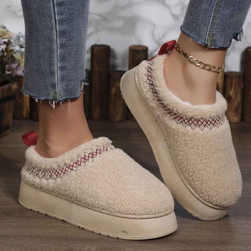 Women's warm snow boots, cotton shoes with thick cashmere sole, flat booties with platform, cotton short flip flops,2024