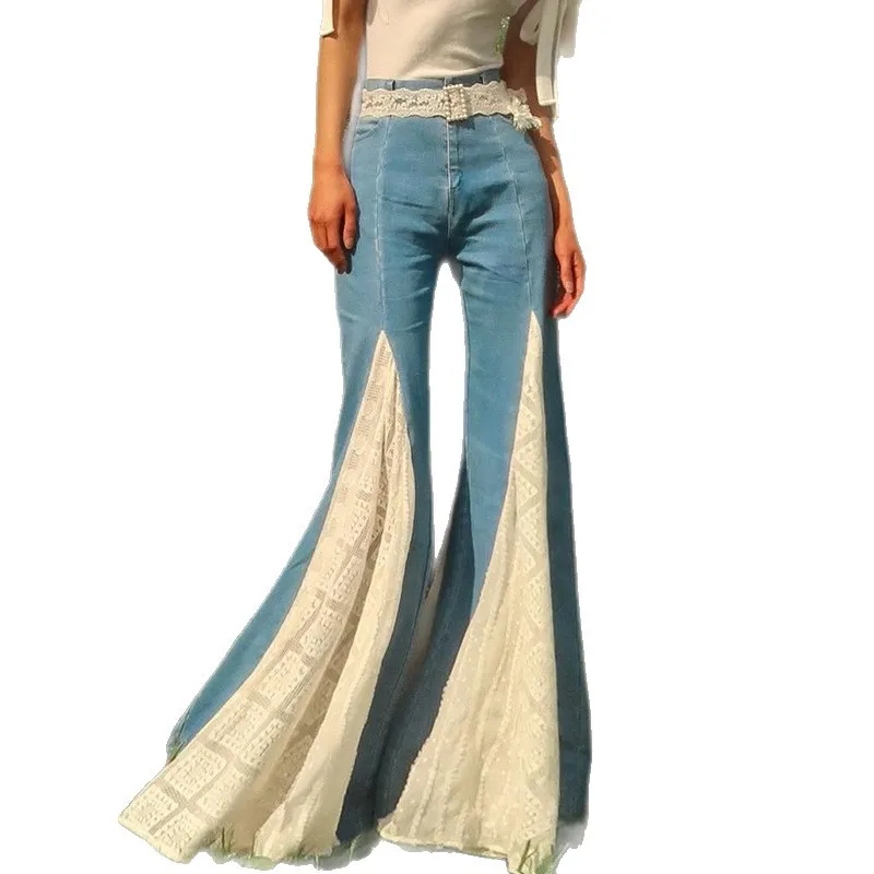 

Women's Lace Splicing Contrasting Color Retro Flared Pants High-waisted Jeans