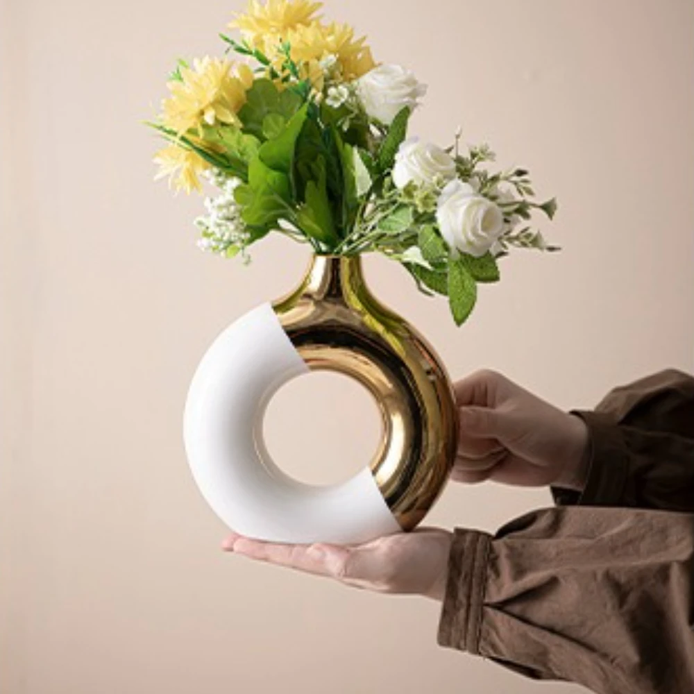 Leichte, luxuriöse goldene Keramik-Blumenvase für Blumen, Hochzeit, Zuhause, Tisch, Blumendekoration, Hauswärmungsgeschenk, minimalistische Heimdekoration