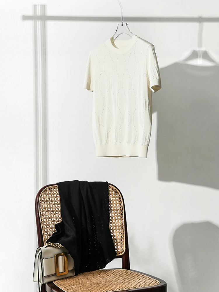 Knitting Tops Women Summer Fashion O Neck Slim Thin Short Sleeve Tshirts Tee Shirt Femme Solid Basic Hollow Out T Shirt Female