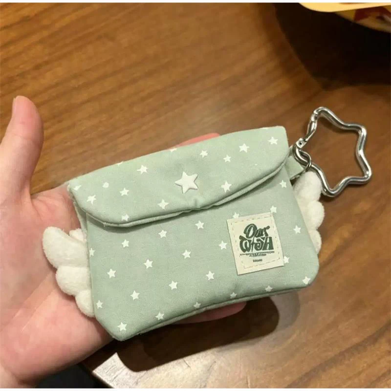Coin Purse,Angel Wings Star Polka Dot Print Canvas Flap Small Wallet,Cute Lightweight Portable Card Holder,Storage Pouch
