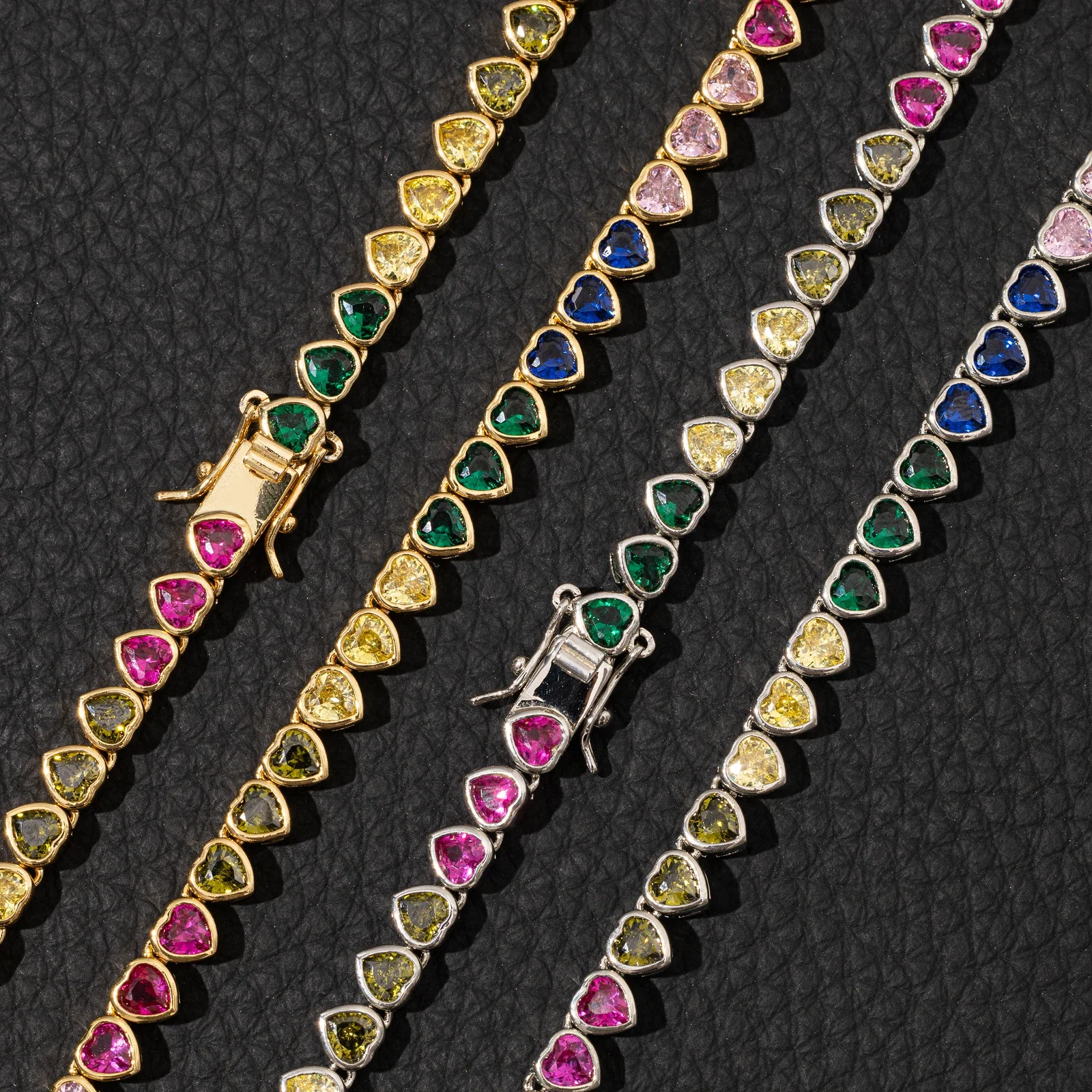 5mm Iced Out Rainbow Color Heart Tennis Chain Fashion Jewelry Necklace Brass 18K Gold Plated 3A CZ Shiny Necklace Women Chain