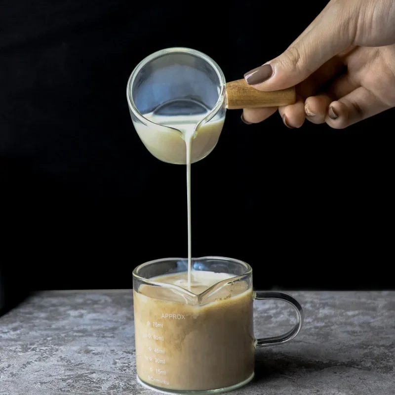 Canecas de vidro resistentes ao calor com cabo de madeira, copo medidor para leite, concentrado, café, bebidas fortes, boca única