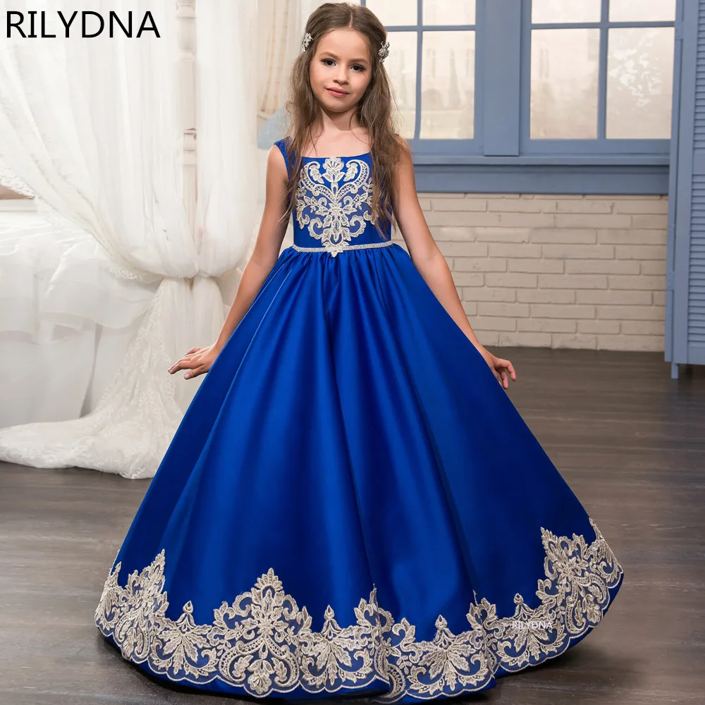 

Customized Blue Flower Girl Dress For Wedding Lace Satin Puffy Applique Princess Baby Kids Birthday First Communion Gown