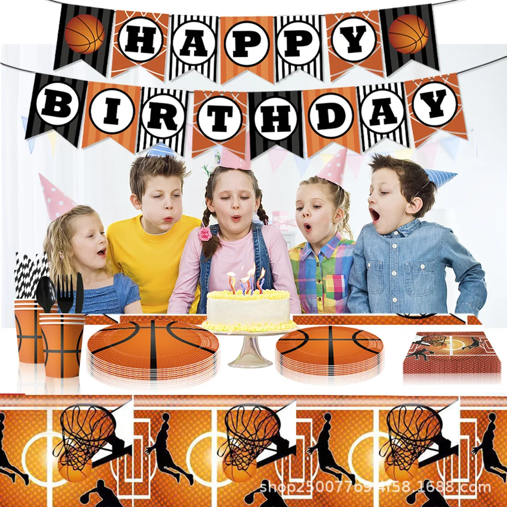 

Boys Basketball Birthday Party Decoration Sports Basketball Theme Party Disposable Tableware Set Background Cloth