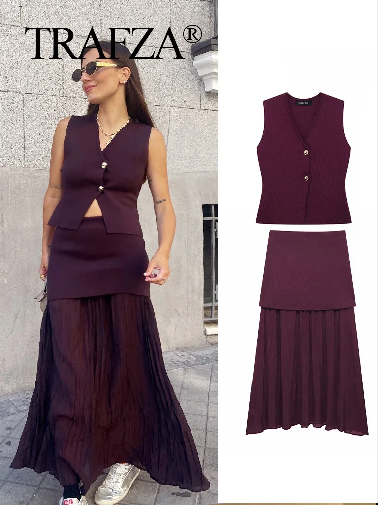 TRAFZA 2024 Women Skirt Set Wine Red Knitted V-Neck Sleeveless Sllim Vest +Solid High Waist Zipper Patchwork Long Skirt Street