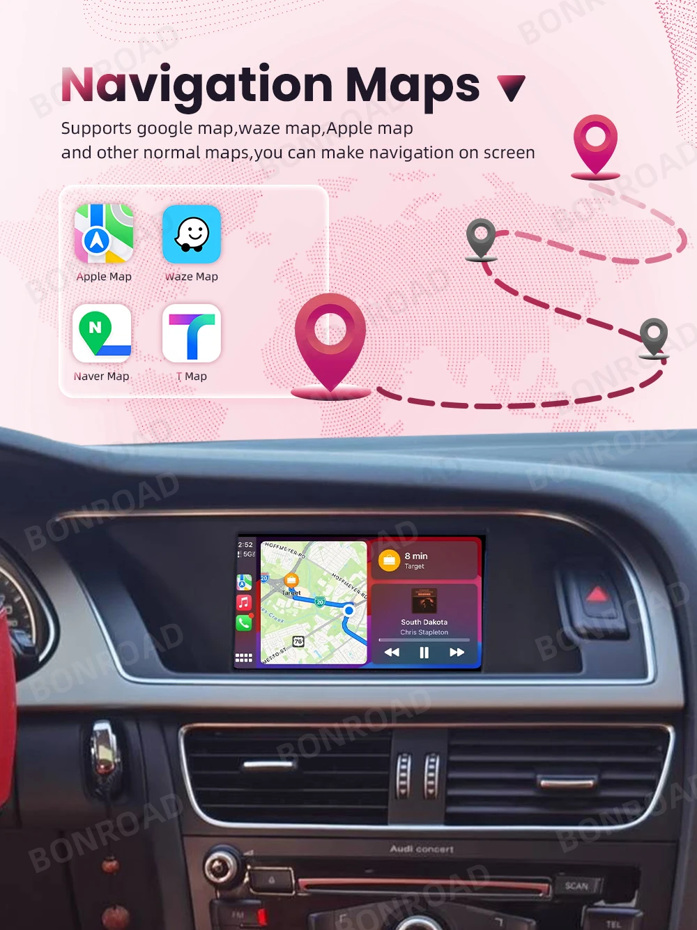 Bonroad kabelloses carplay android auto interface adapter für audi a4 b8 a5 q5 2014-2018 bluetooth gps navigation – Detail 5