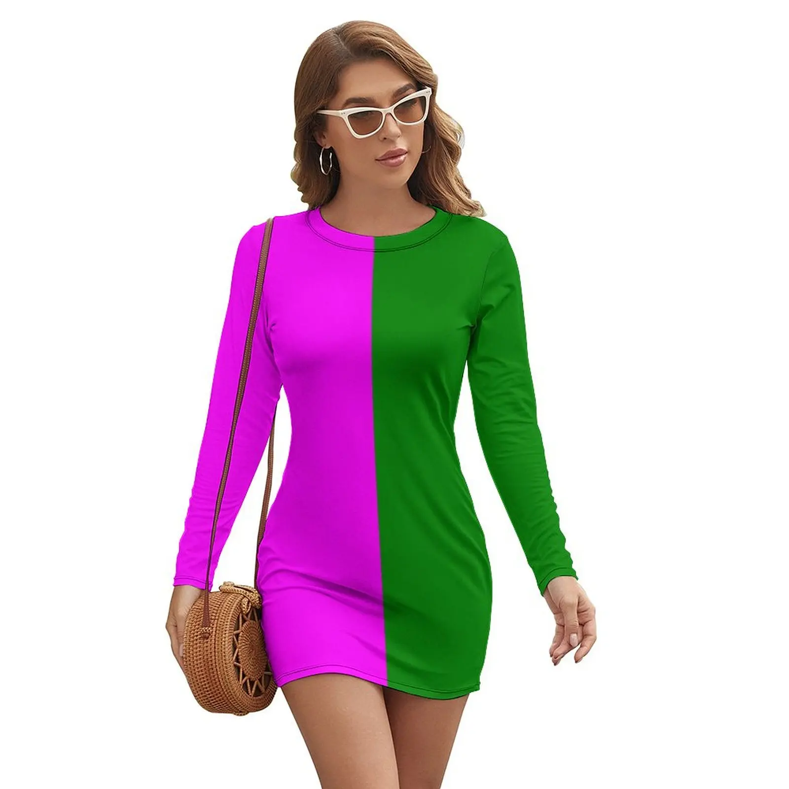 

Green and Pink Long-sleeved Dress Elegant gown dress for women luxury woman evening dress purple