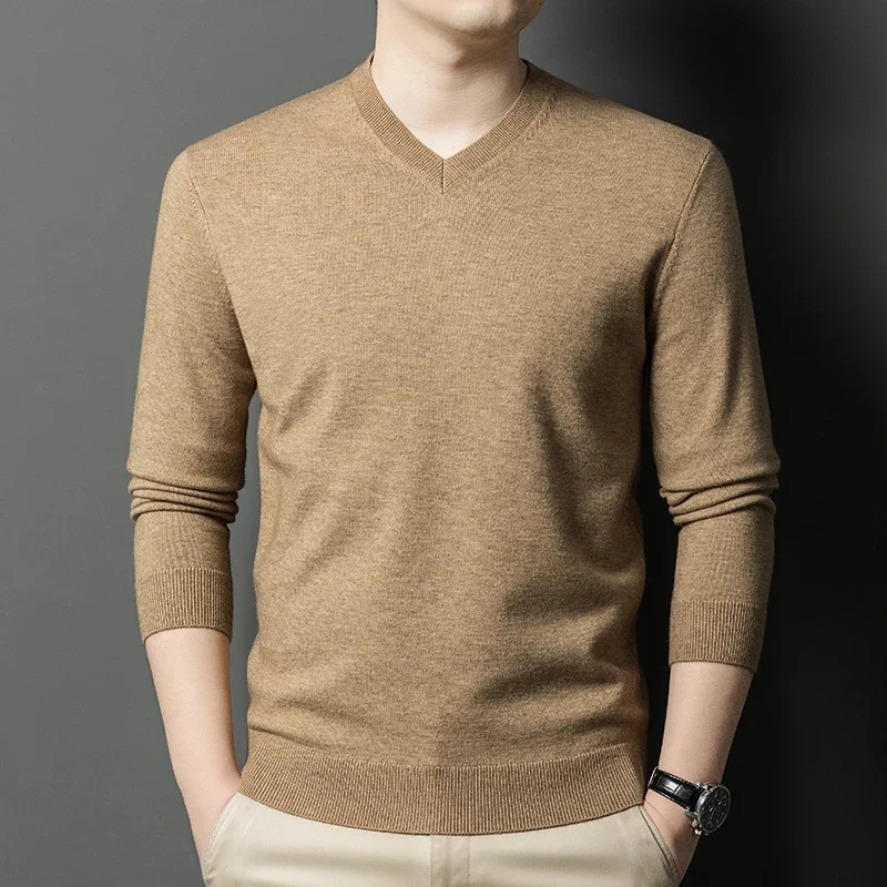 

Новый свитшот, мужские базовые однотонные свитера с v-образным вырезом, эластичные пуловеры с круглым вырезом, теплый осенний вязаный свитер большого размера для мужчин
