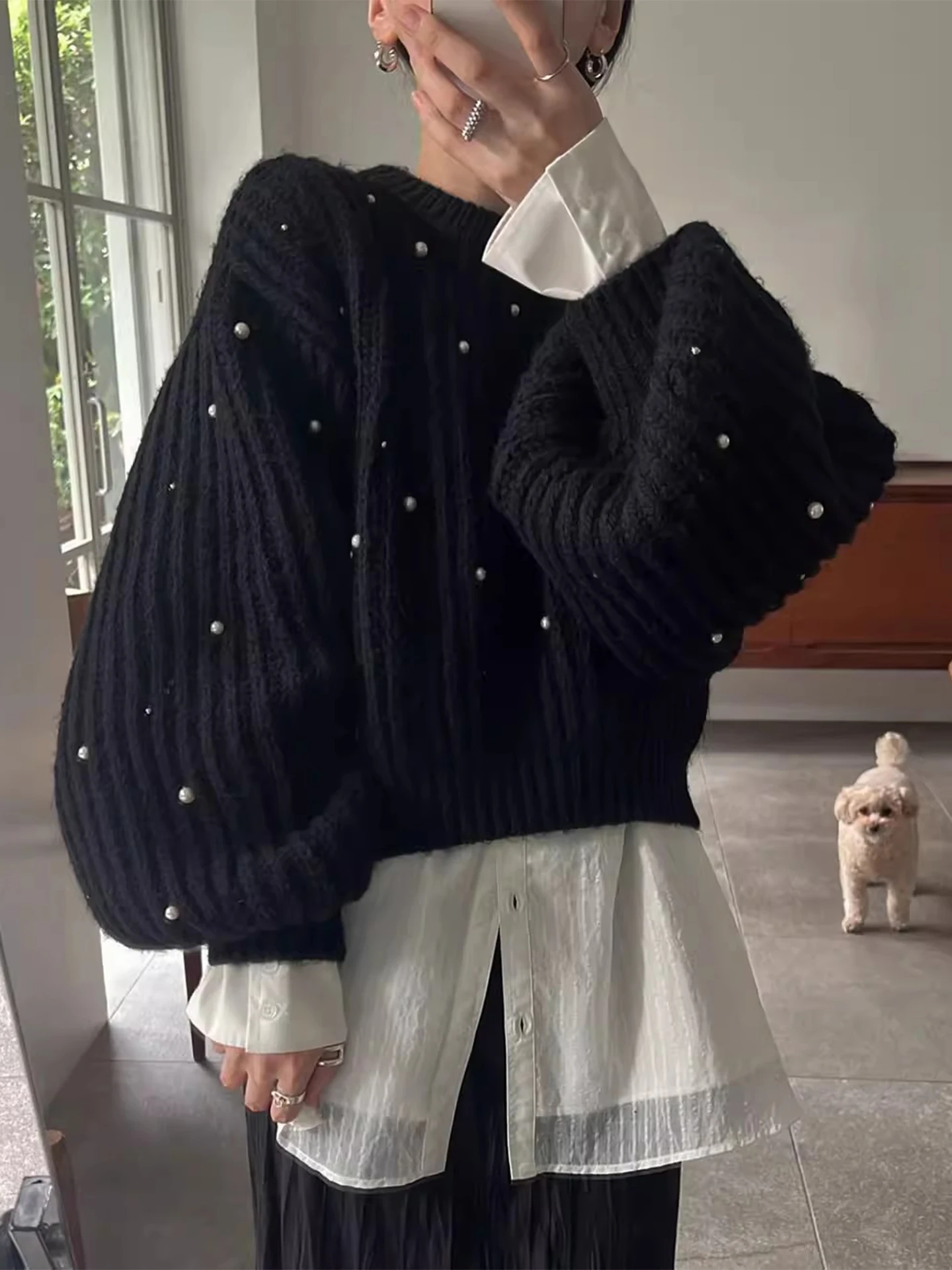 

Casual ort Knitted Sweater Women's Lantern Sve Winter New Sle Commute Wind Pearlescent Dot Strip Design 00% Other Mat...
