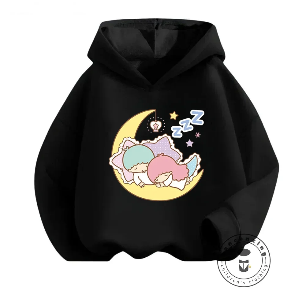 Cute Sanrio Little Twin Stars Kids Hooded Pullover Stylish Cartoon Emblazoned Garment for Autumn Winter Casual Outdoor Wear