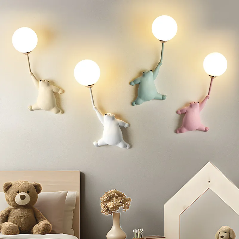 Nordic Cartoon Polar Bear LED Creative Wall Lamp Lighting Murale Family Theme Hotel Kid Children Bedroom Bedside Entryway Sconce